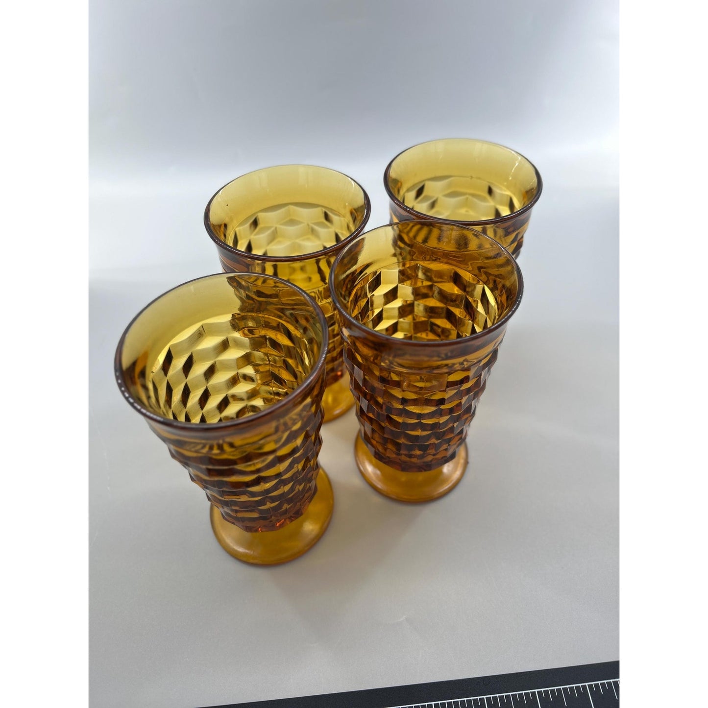 Vintage Indiana Glass Whitehall Cube Tumblers Set of 4 Amber Footed Glasses Mid Century Barware Retro Drinkware. Honey Brown Root Beer MCM