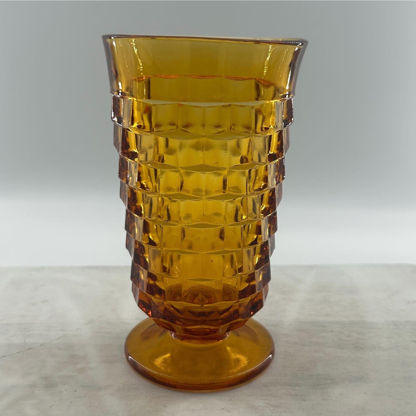 Mid Century Modern Amber Glass Vase | Tall Footed Diamond Pattern Vase | MCM Golden Yellow Art Glass Decor