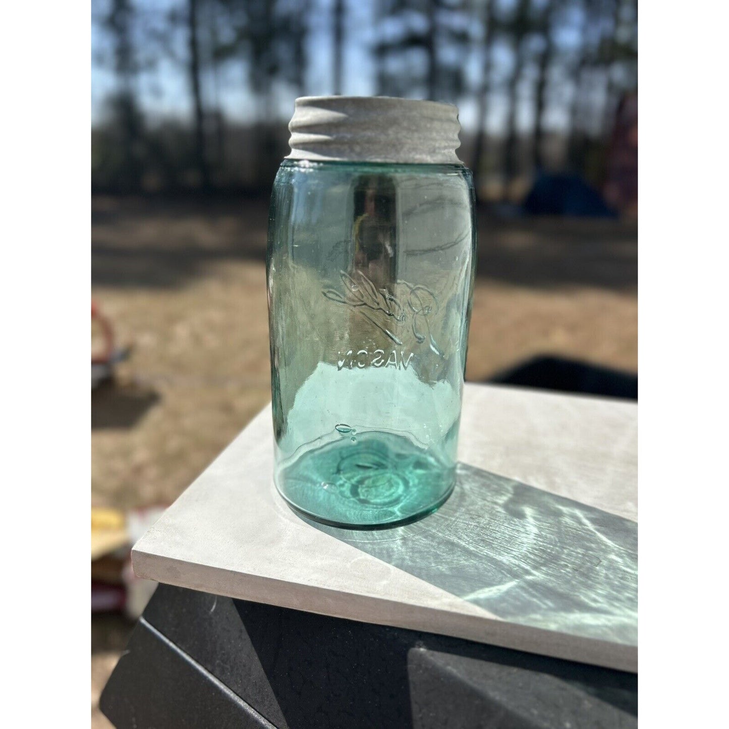 Antique Ball Triple L quart aqua jar seam detail