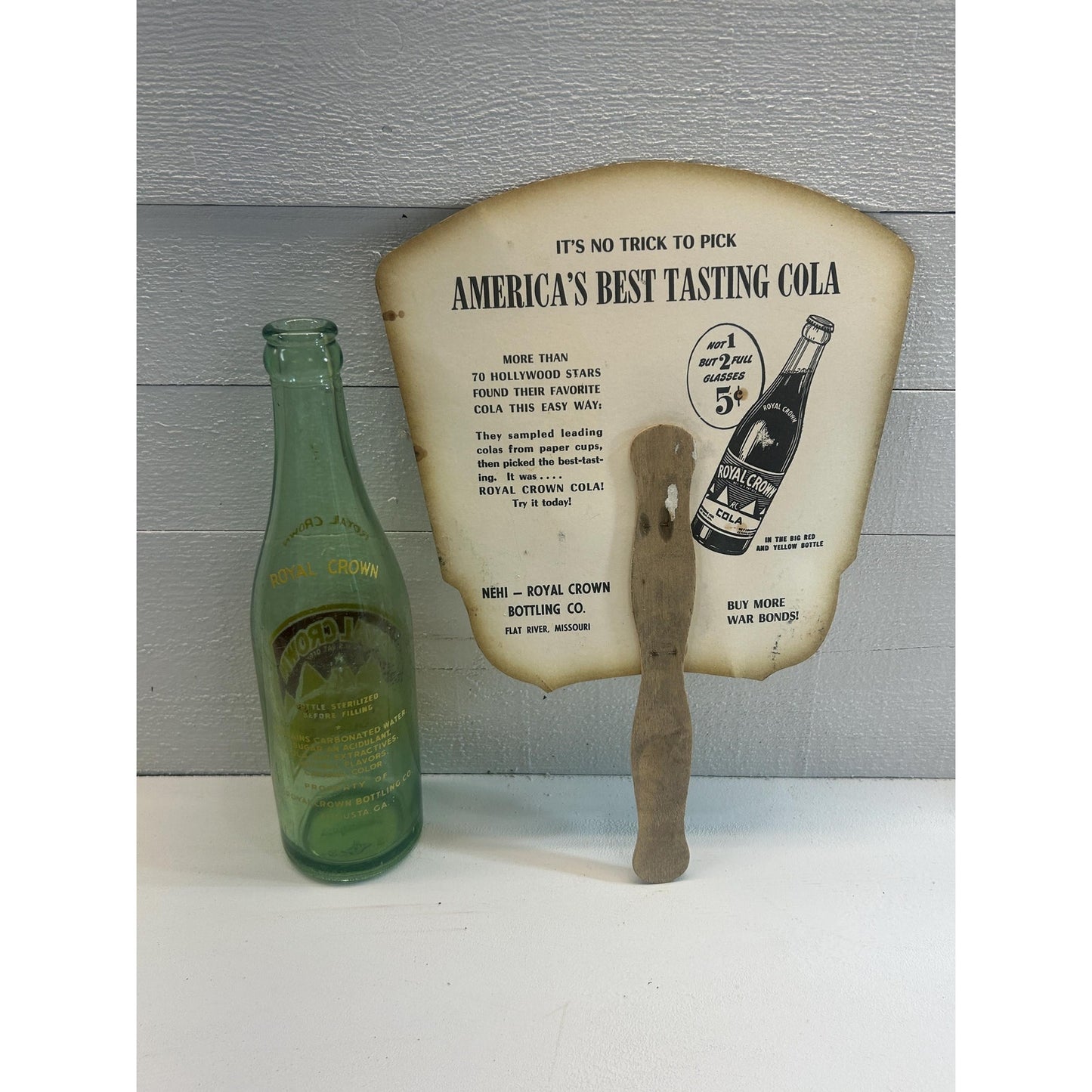 Vintage RC Royal Crown Cola Bottle & Shirley Temple Advertising Fan – 1930s 1940s Soda Memorabilia Lot – Nehi Cola Advertising Collectibles