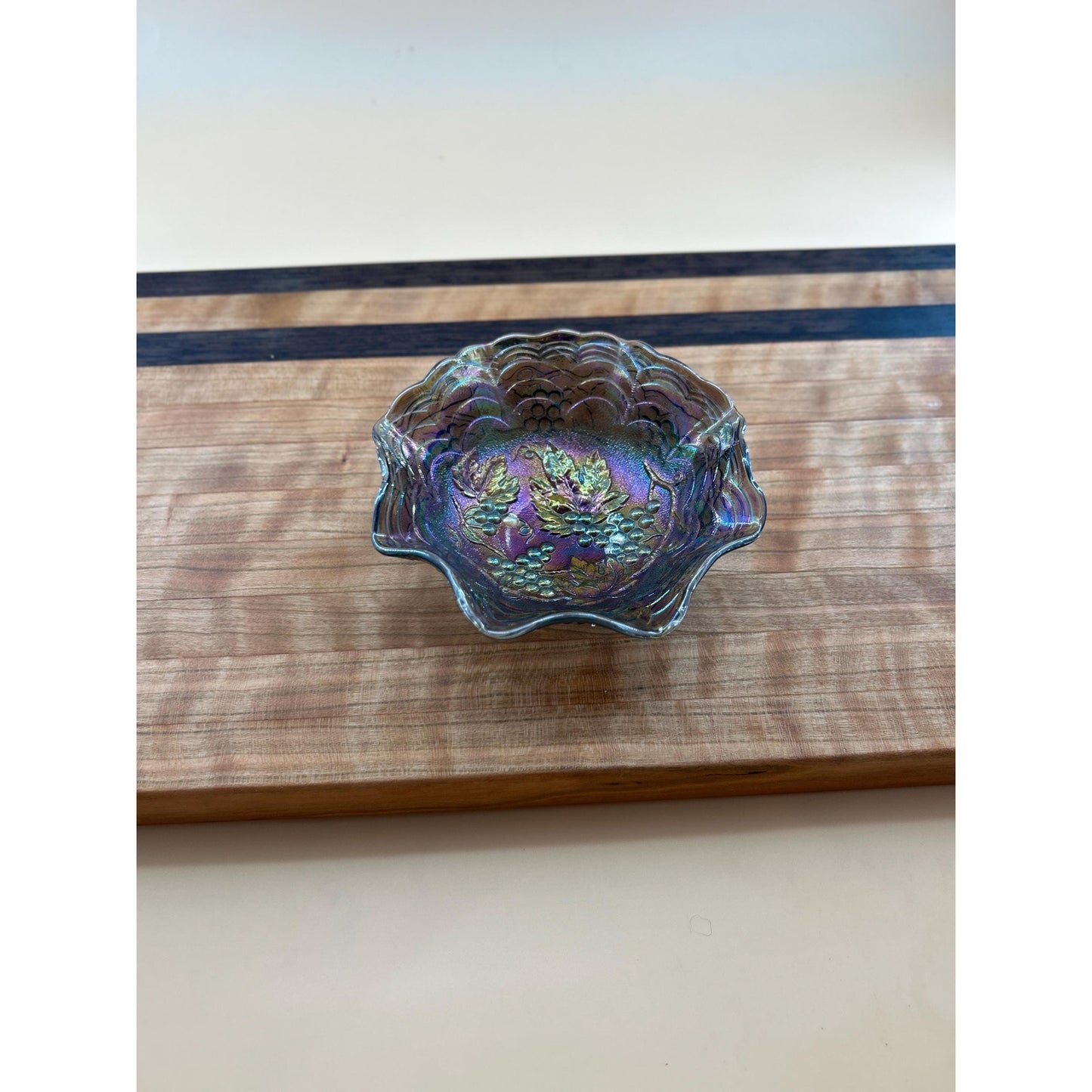 Antique Imperial Carnival Glass Grape & Cable Ruffled Bowl • Amethyst Iridescent Pressed Glass Berry Dish • Early 1900s Vintage Carnival