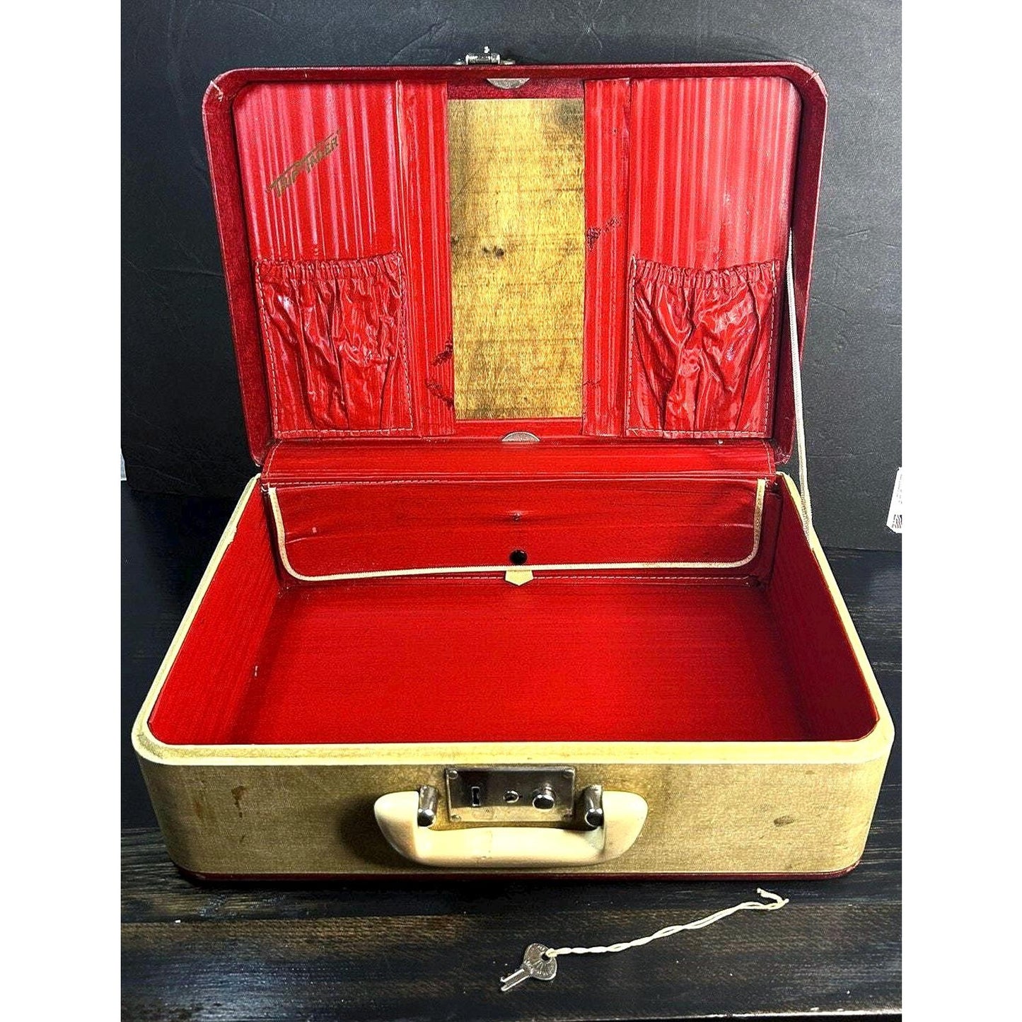 Vintage 1950s Red Vanity Train Case Hard Shell Makeup Case Bakelite Handle Travel Case