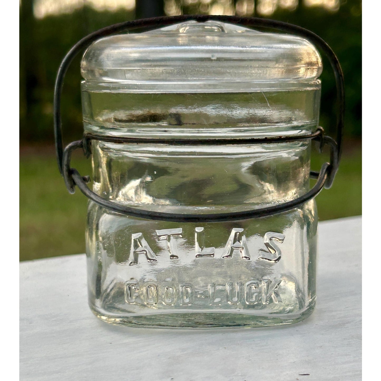 Atlas Good Luck Clover Half Pint Mason Jar Original Wire Bail Glass Lid Antique Hazel Atlas 1920s