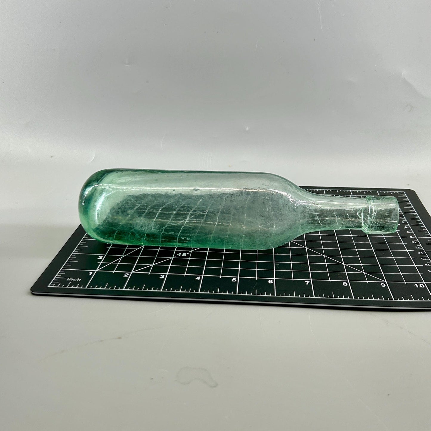 Antique Rare Aqua Whiskey Bottle c1870-1885 Applied Collar Hand Blown Whittle Glass Deep Push Up Base. Scarce find.