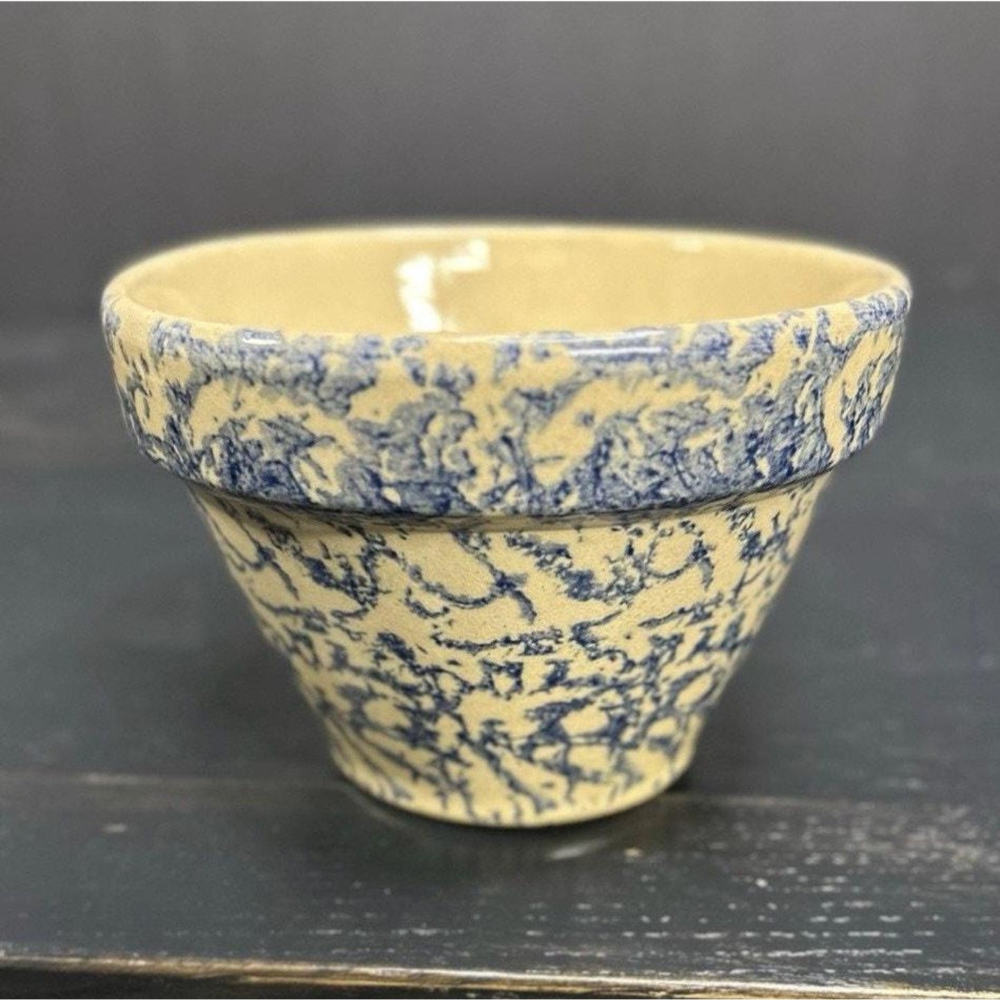 Roseville Ohio Spongeware Bowl — Blue Spatterware — Vintage Serving / Mixing Bowl — Farmhouse Pottery