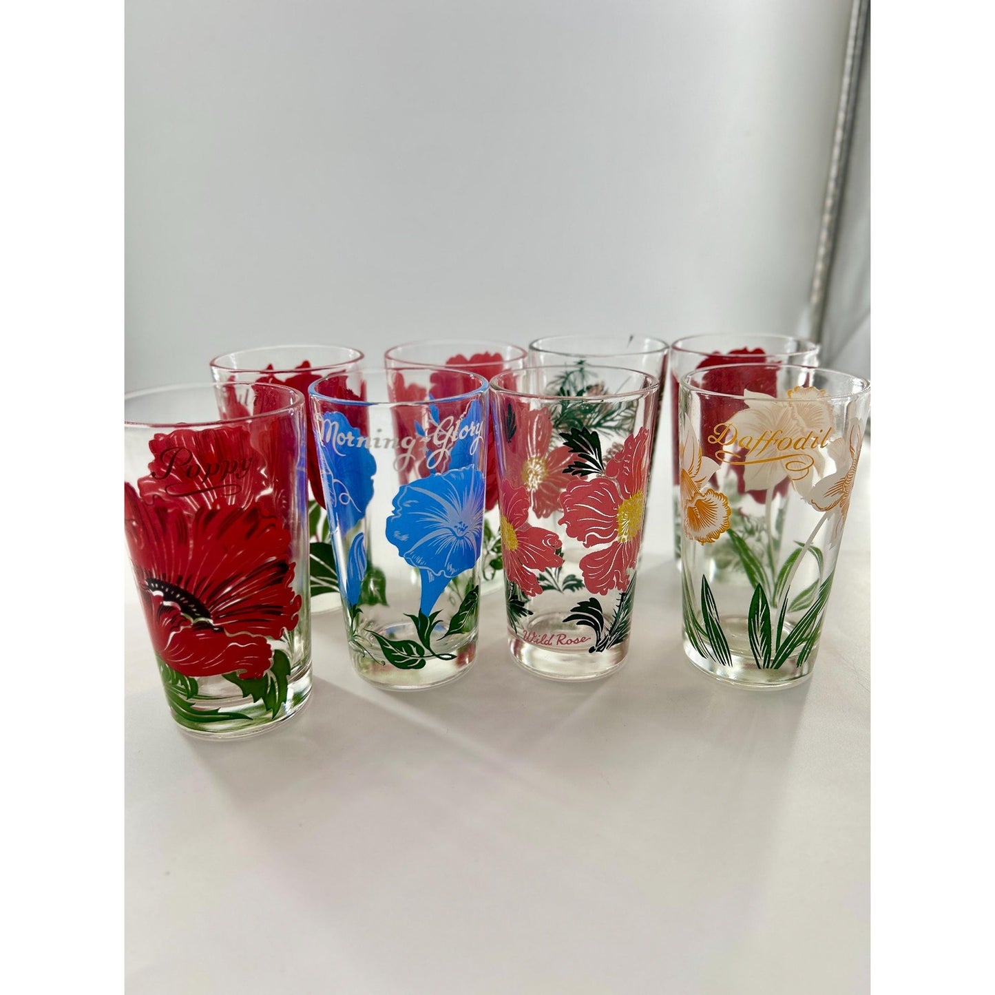Vintage Federal Glass Floral Tumbler Set of 8 Mid Century Drinking Glasses Poppy Rose Daffodil Retro Barware MCM USA
