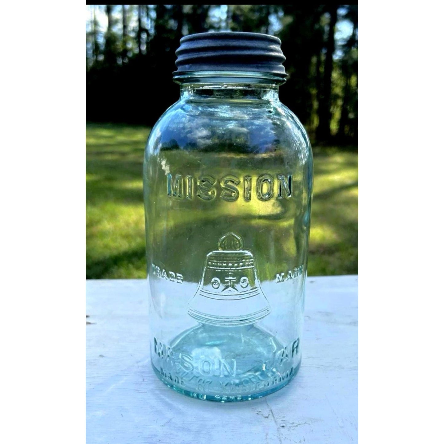 Mission Bell Mason Jar Aqua Blue Liberty Bell Hazel Atlas Half Gal w/ Zinc Lid