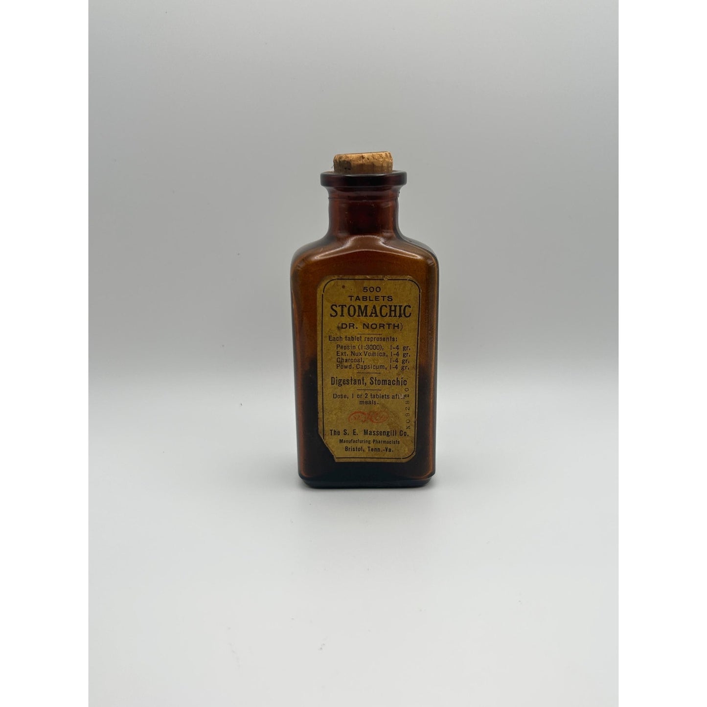 Antique Dr. North Stomachic Tablets Bottle Massengill Bristol TN Amber Glass