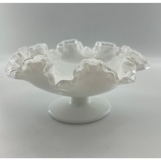 Vintage Fenton Milk Glass Compote • Ruffled Clear Crest Pedestal Bowl • Farmhouse Decor • Rustic Decor • Primitive Decor • Shelf Display