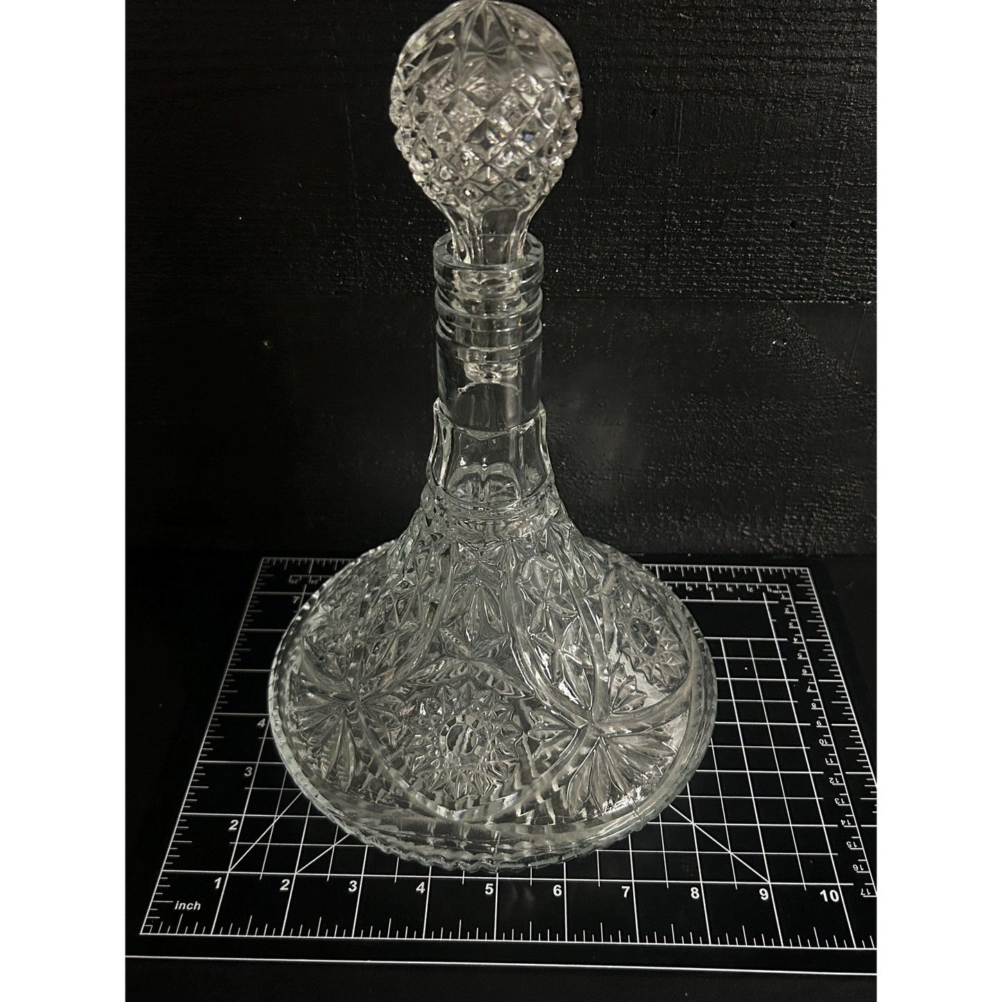 Vintage Cut Crystal Decanter with Stopper • Pressed Glass Starburst Pattern • Heavy Clear Barware • Mid-Century Liquor Whiskey Wine Bottle