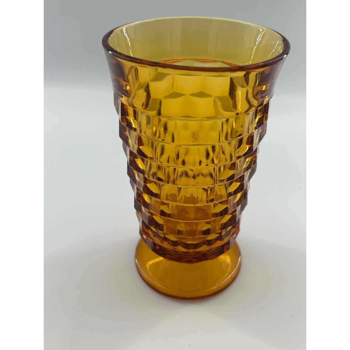 Mid Century Modern Amber Glass Vase | Tall Footed Diamond Pattern Vase | MCM Golden Yellow Art Glass Decor