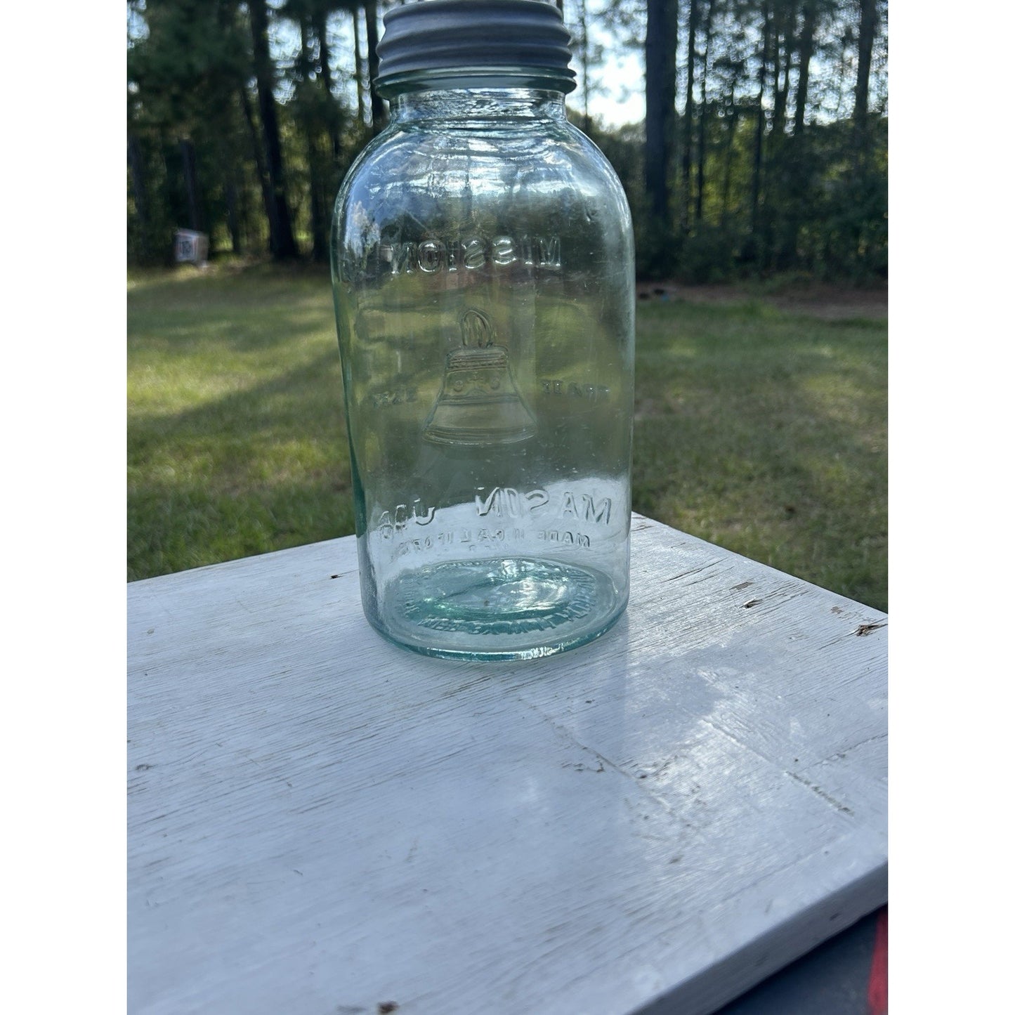 Rare Half Gallon Mission Bell Mason Jar Aqua WJ Latchford Los Angeles CA Antique