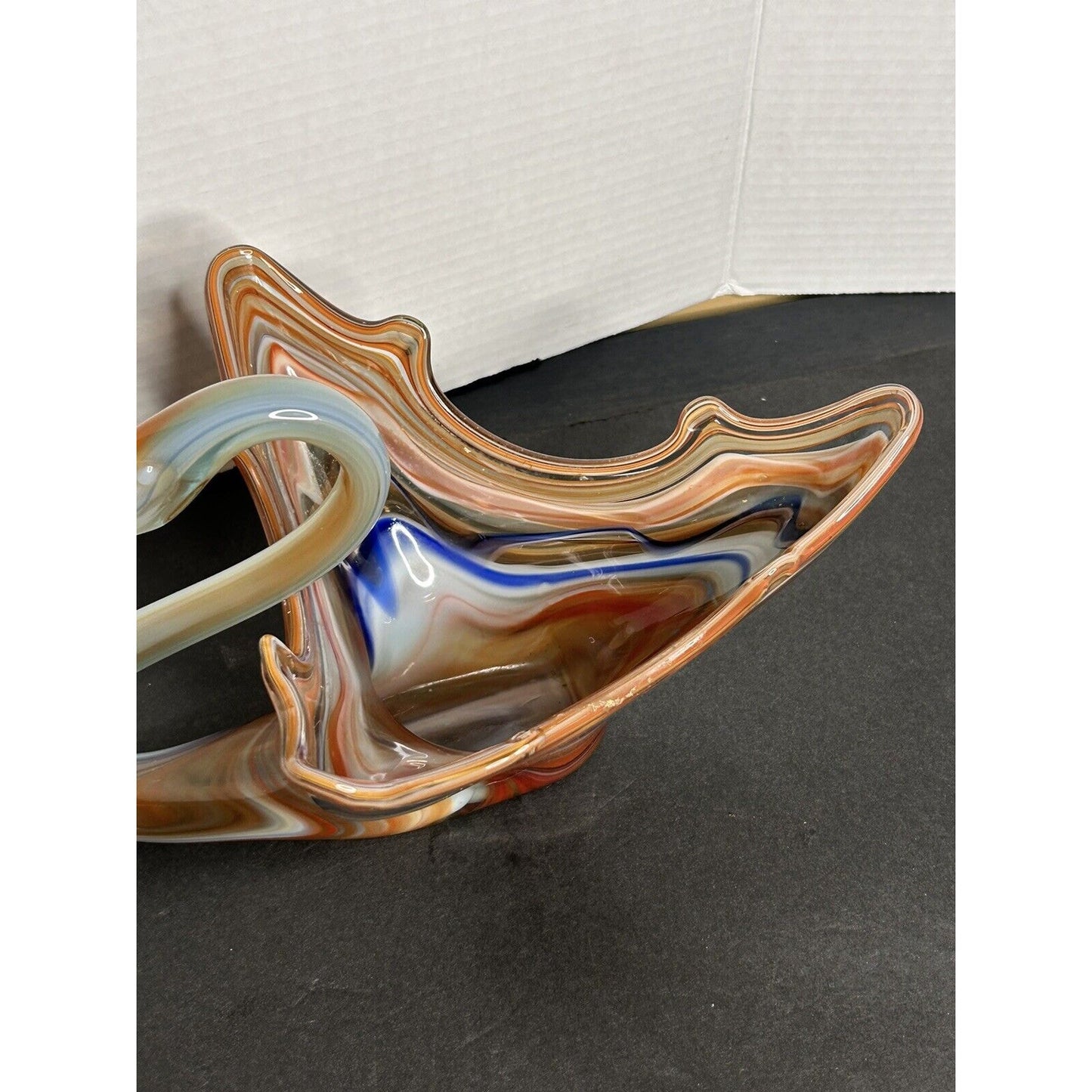 Vintage MCM Handmade Murano Style Art Glass Blue/Orange Swirl Swan Candy Dish