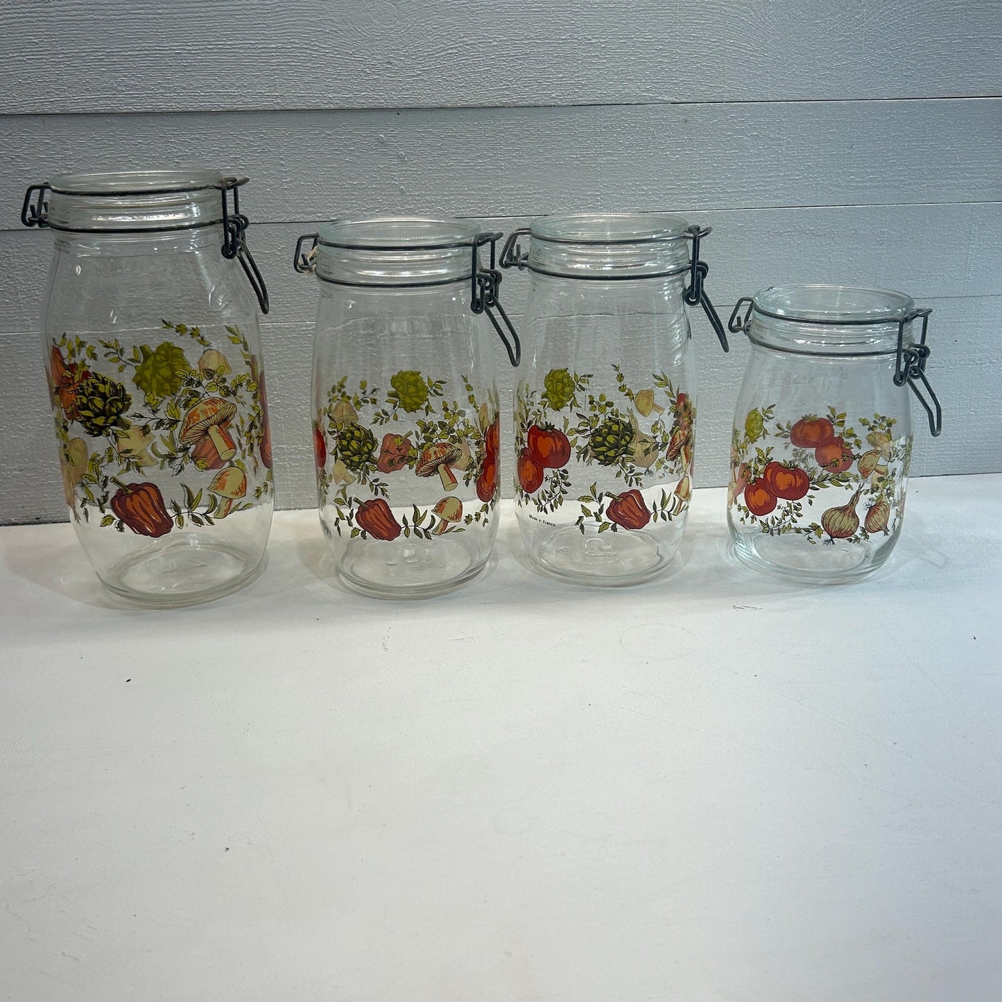 Vintage French Glass Canister Set with Wire Bail Lids, 1970s Mushroom Vegetable Print Kitchen Jars, Made in France, Farmhouse Pantry Storage