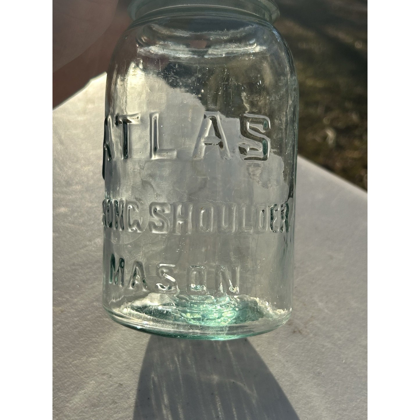 Rare cornflower blue Atlas Strong Shoulder quart jar all angles