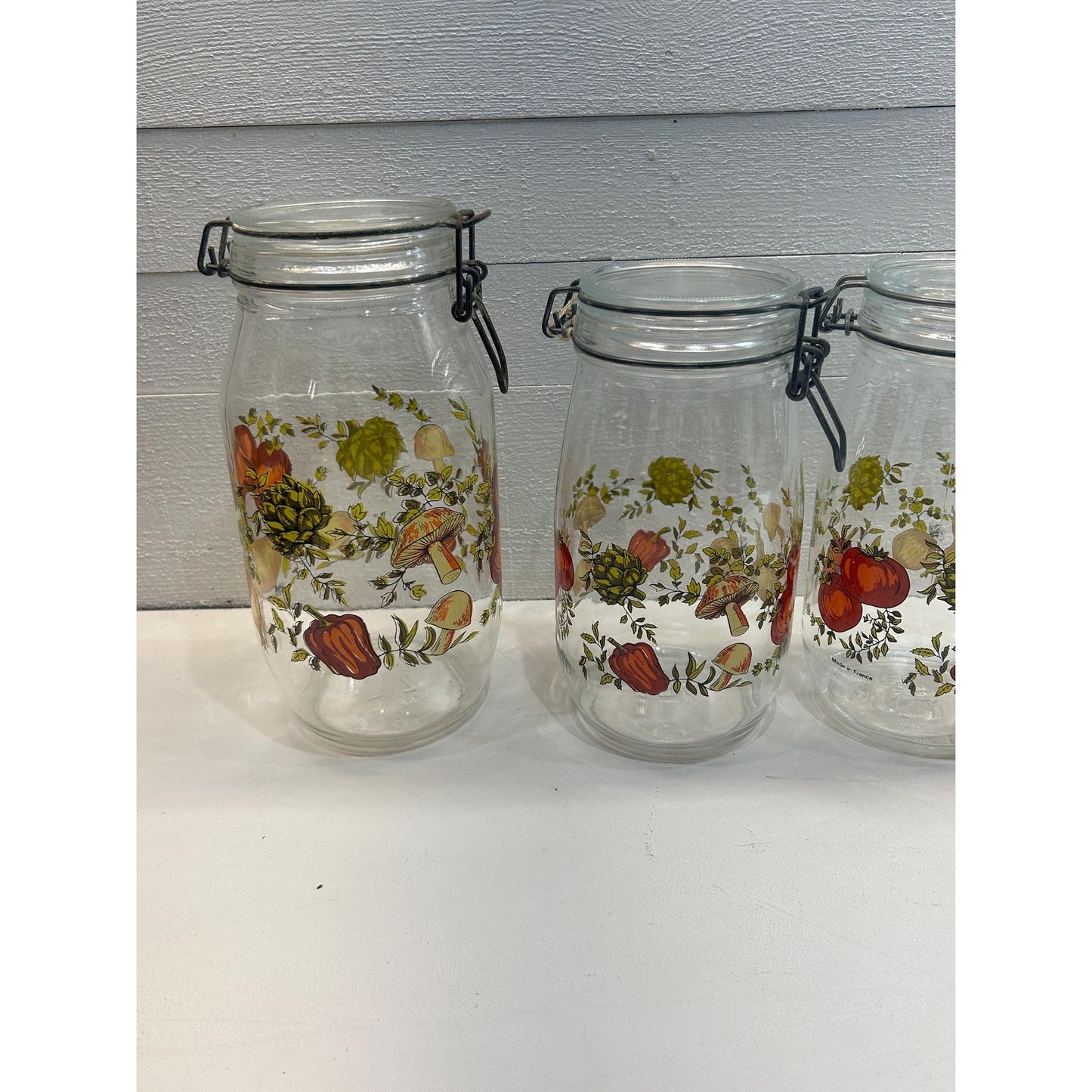 Vintage French Glass Canister Set with Wire Bail Lids, 1970s Mushroom Vegetable Print Kitchen Jars, Made in France, Farmhouse Pantry Storage