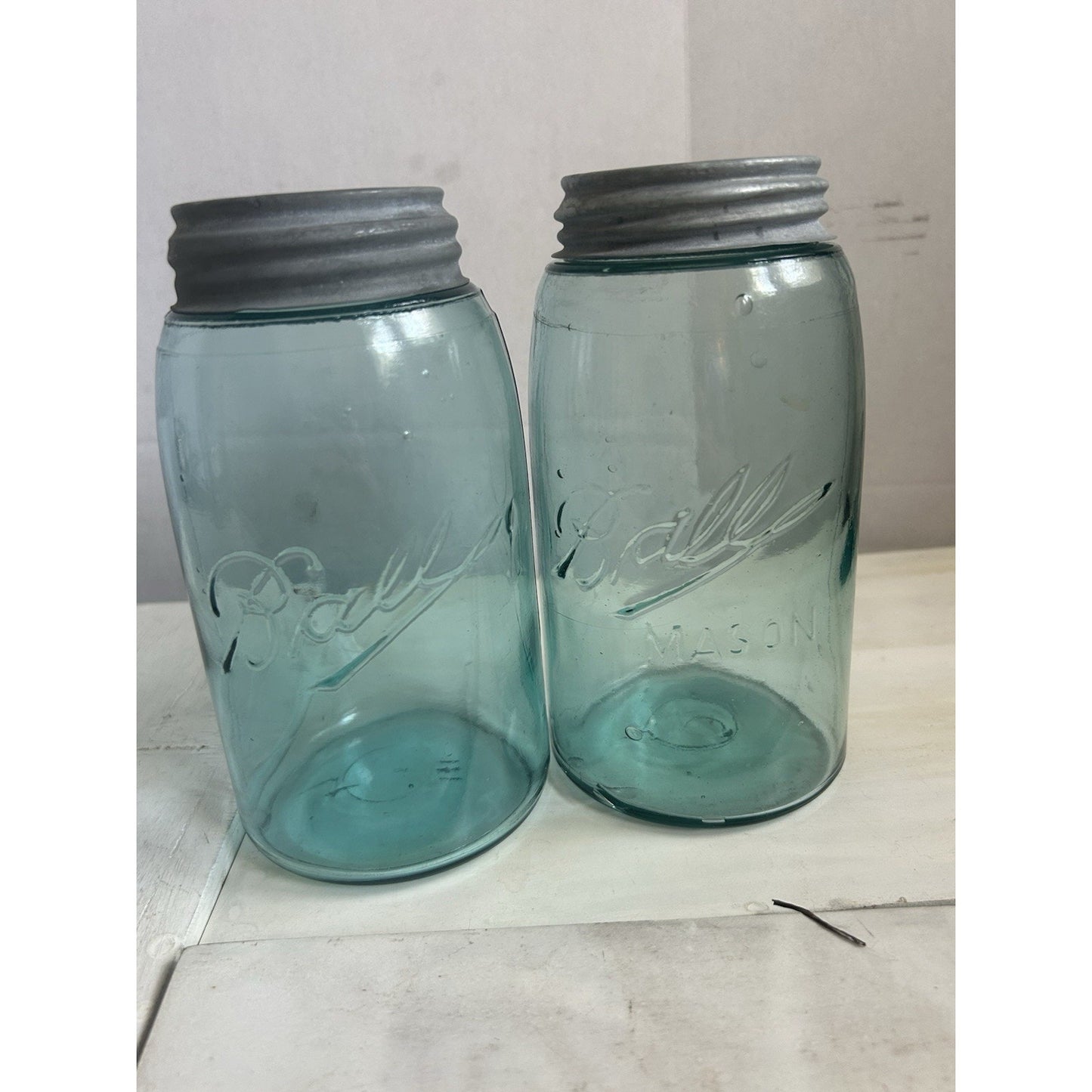 2 1920’s Vintage Ball Mason Jars – Triple L Logo – Quart – Aqua Blue – Zinc Lids