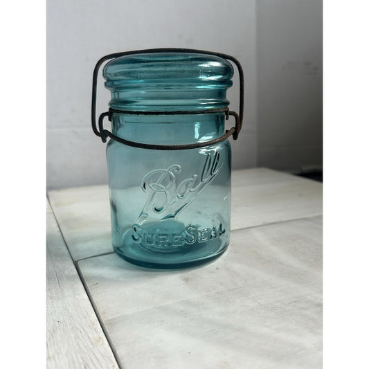 Vintage Ball Sure Seal Pint Mason Jar Blue Aqua Wire Bail w/ Lid – 1930s USA