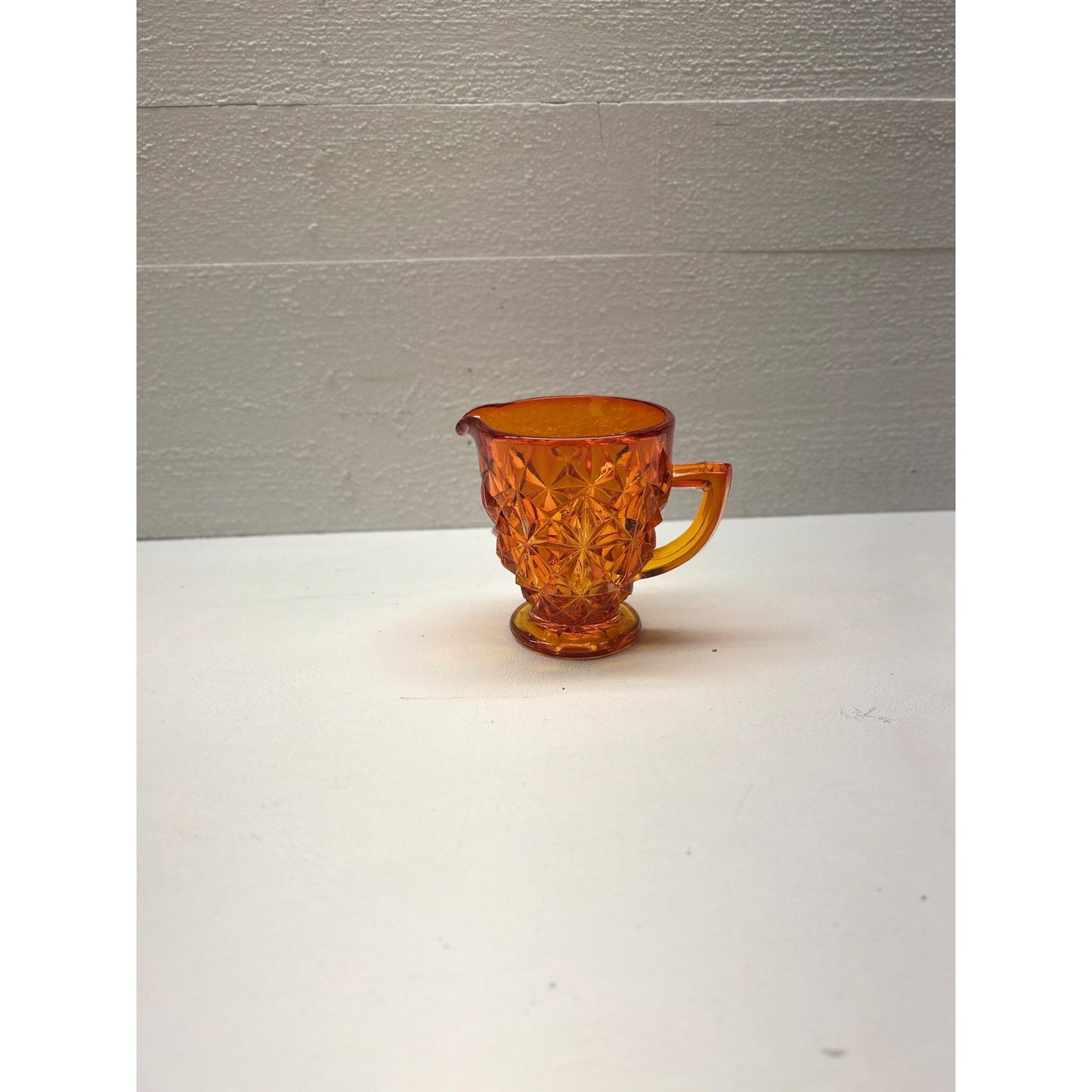 Selenium Diamond Point Glass Creamer | Glows Under UV | Vintage Red Orange Mini Pitcher | Mid Century Art Glass | Uranium Reactive. Amberina