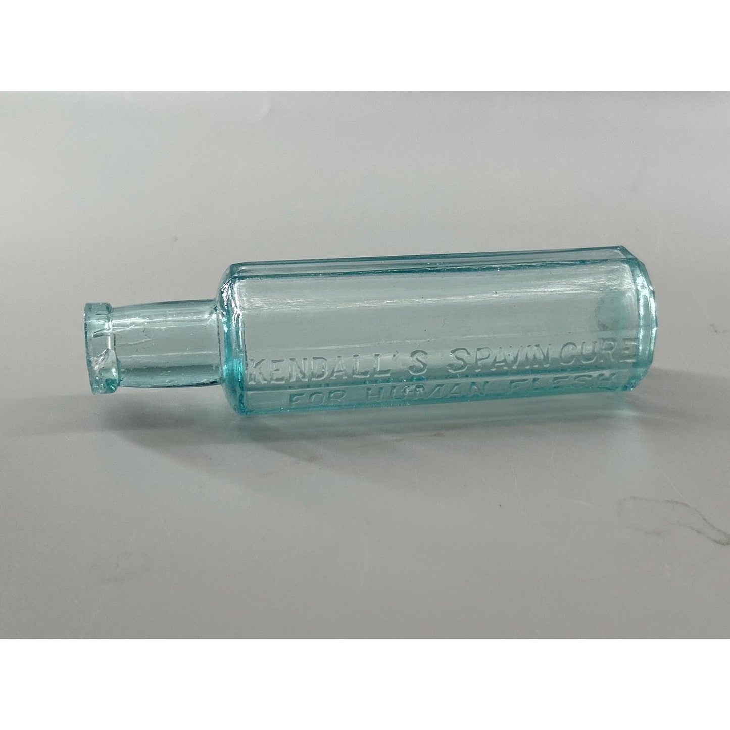 Antique Kendall’s Spavin Cure For Human Flesh Bottle – Aqua Glass Embossed Patent Medicine c1900