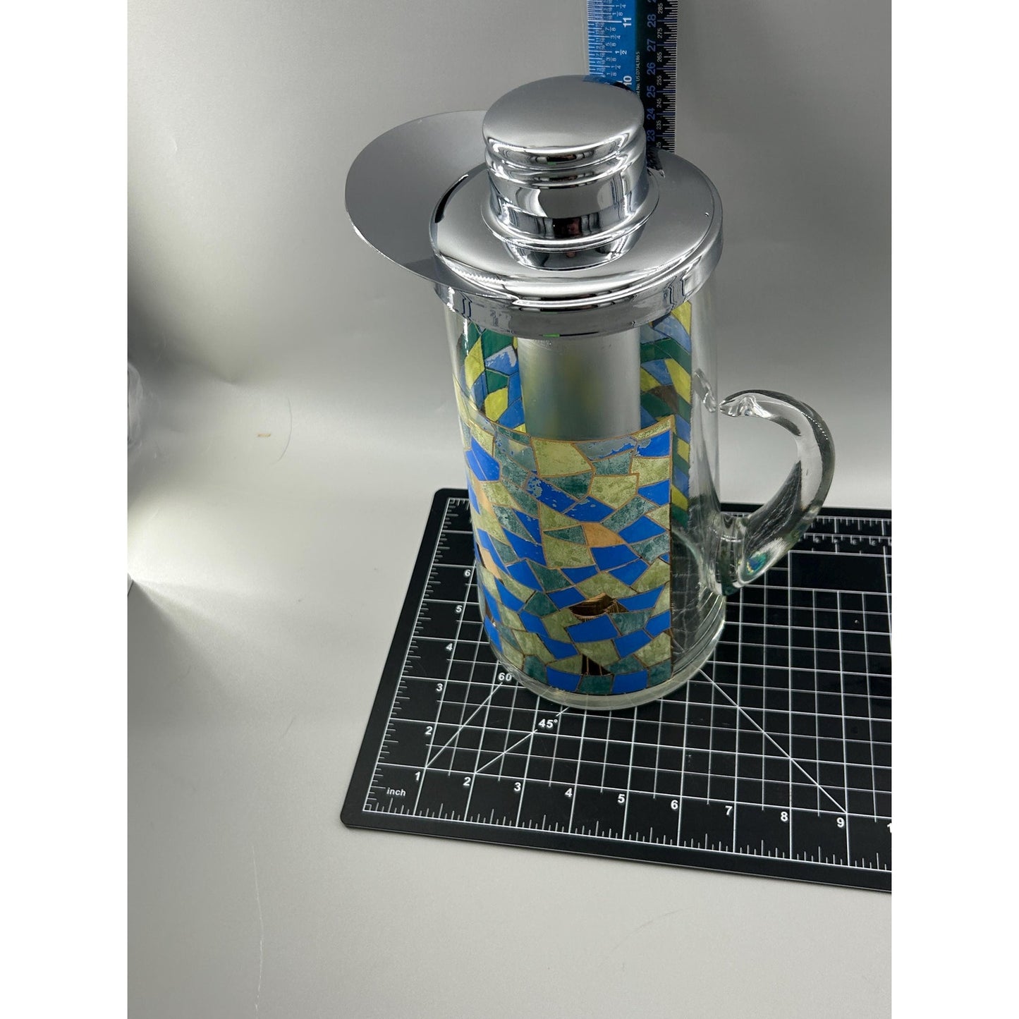 Mid Century Modern Mosaic Glass Pitcher w Chrome Lid & Ice Tube Insert – 1960s Atomic Barware – Retro MCM Entertaining