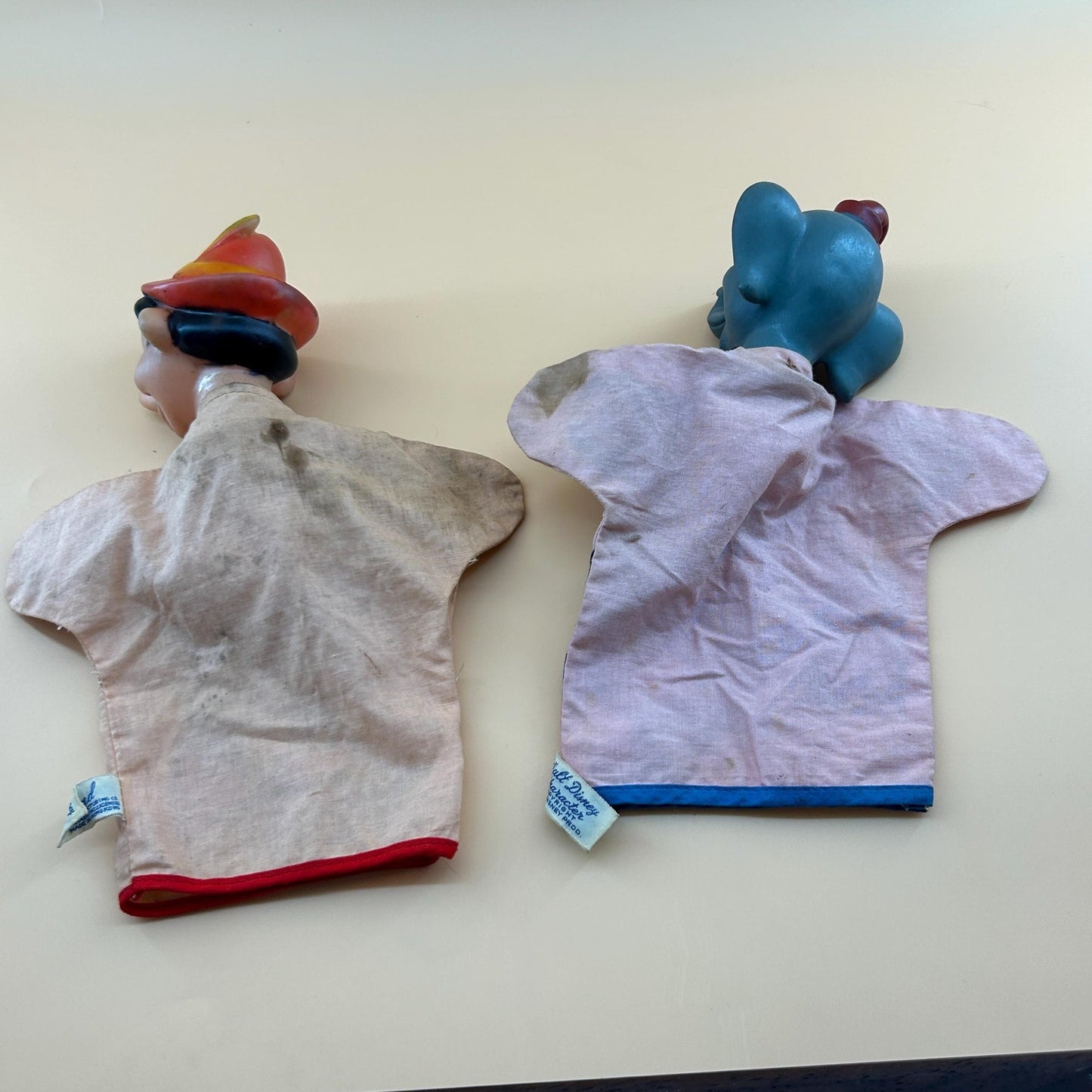 Vintage Disney Pinocchio & Dumbo Hand Puppets Set Vinyl Head Walt Disney Productions Toy 1960s Mid Century Character Disneyana Collectible