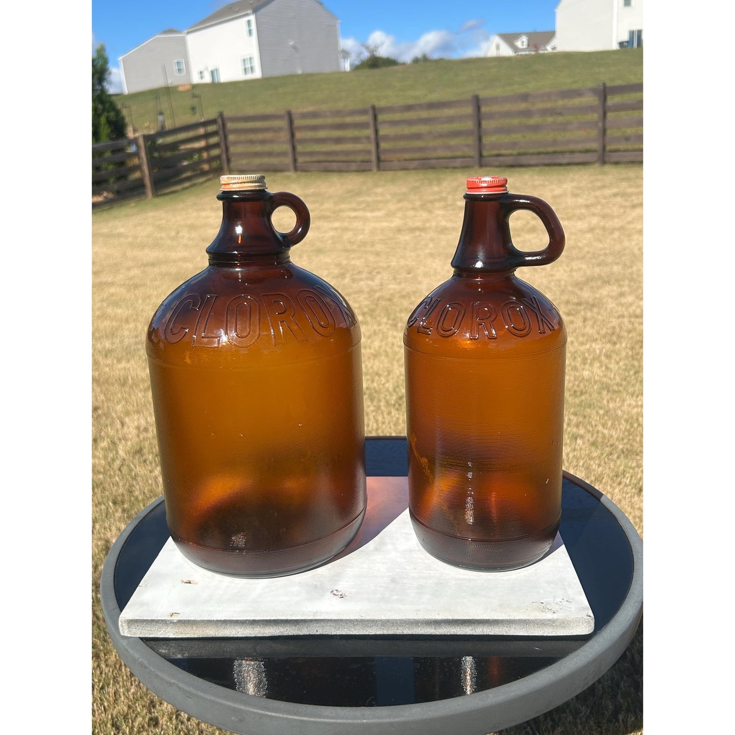 Lot of 2 Vintage Clorox Brown Glass Jugs – 1 Gallon & Half Gallon, Embossed Amber Bottles w/ Original Caps, 1940s–1950s Bleach Bottles