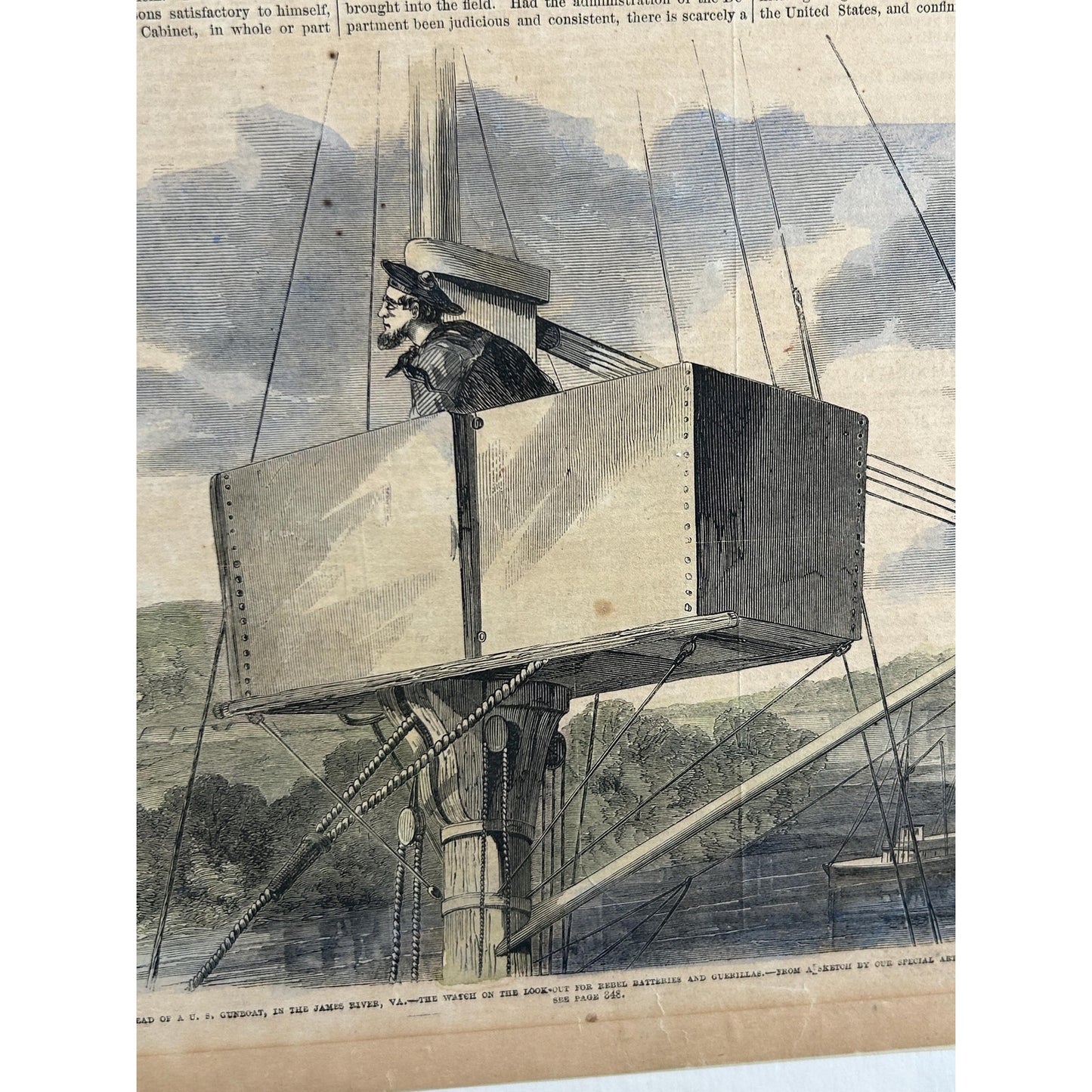 Antique Rare Civil War Newspaper 1862 Frank Leslie Illustrated Naval Masthead Lookout James River Union Warship Antique Print