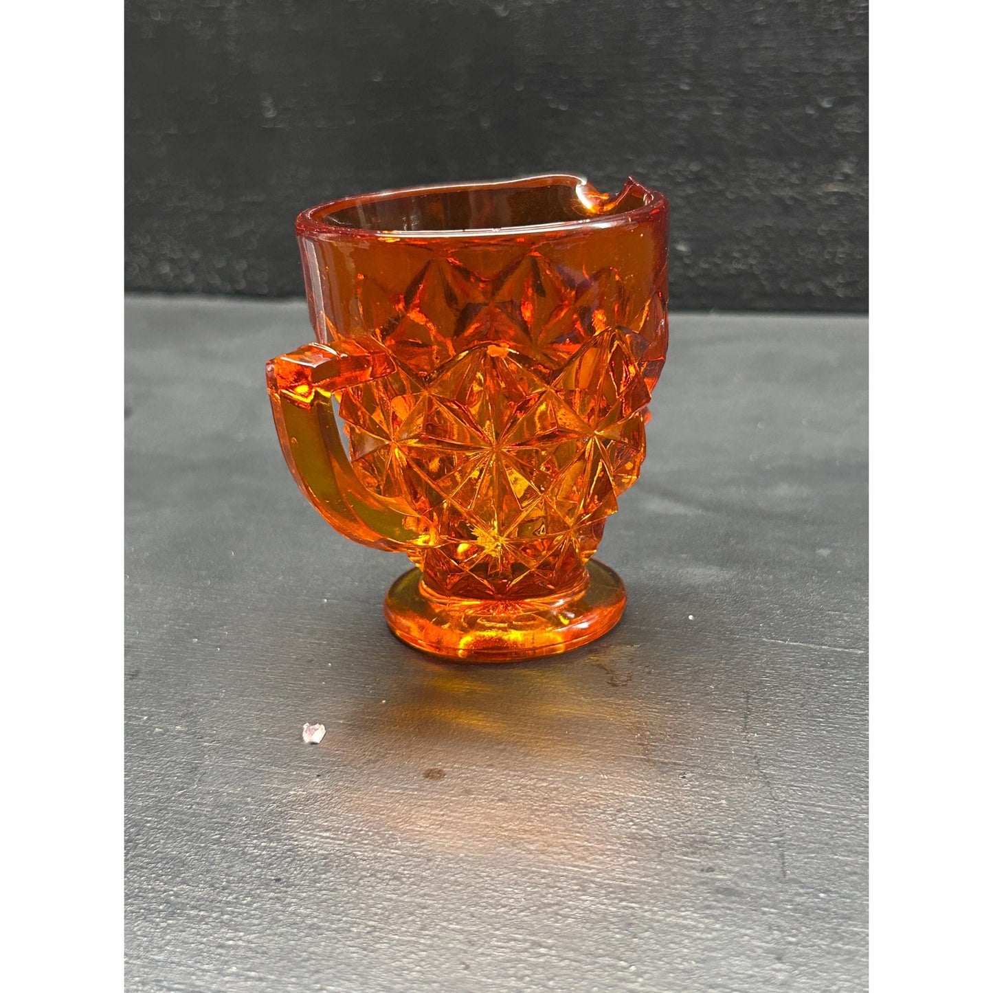 Vintage Amberina Glass Creamer | UV Reactive | Diamond Cut Pressed Glass | Footed Cream Pitcher