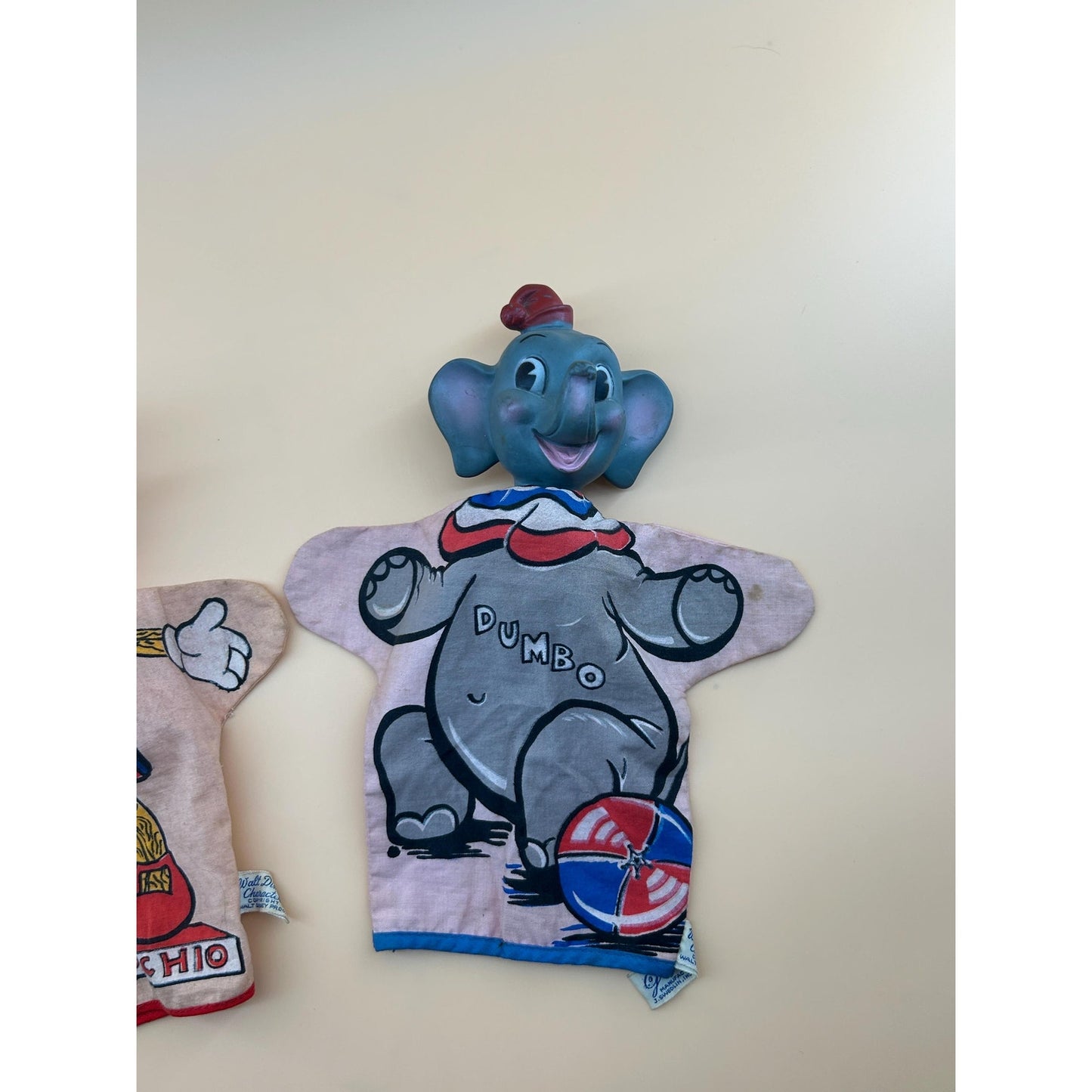 Vintage Disney Pinocchio & Dumbo Hand Puppets Set Vinyl Head Walt Disney Productions Toy 1960s Mid Century Character Disneyana Collectible