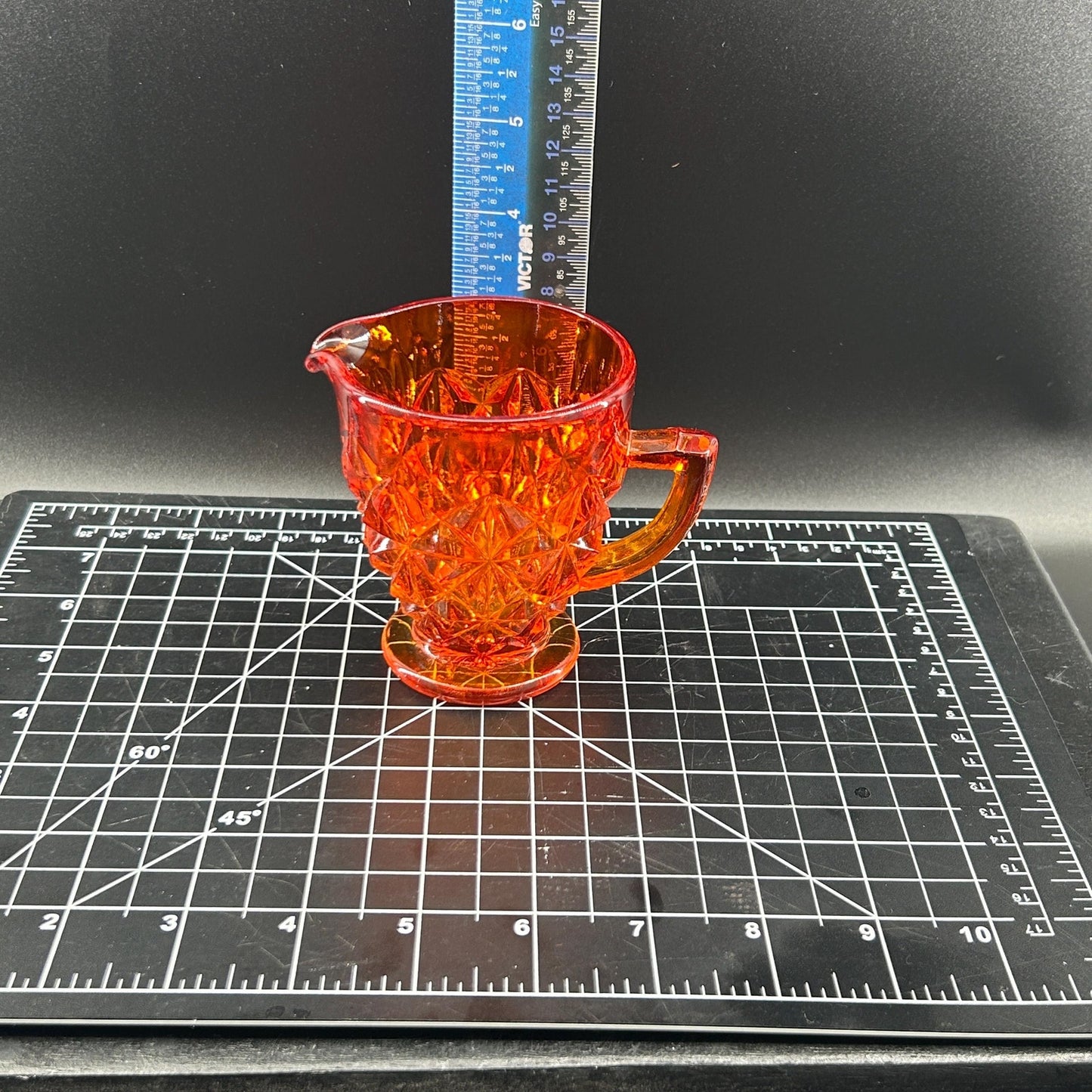 Vintage Amberina Glass Creamer | UV Reactive | Diamond Cut Pressed Glass | Footed Cream Pitcher