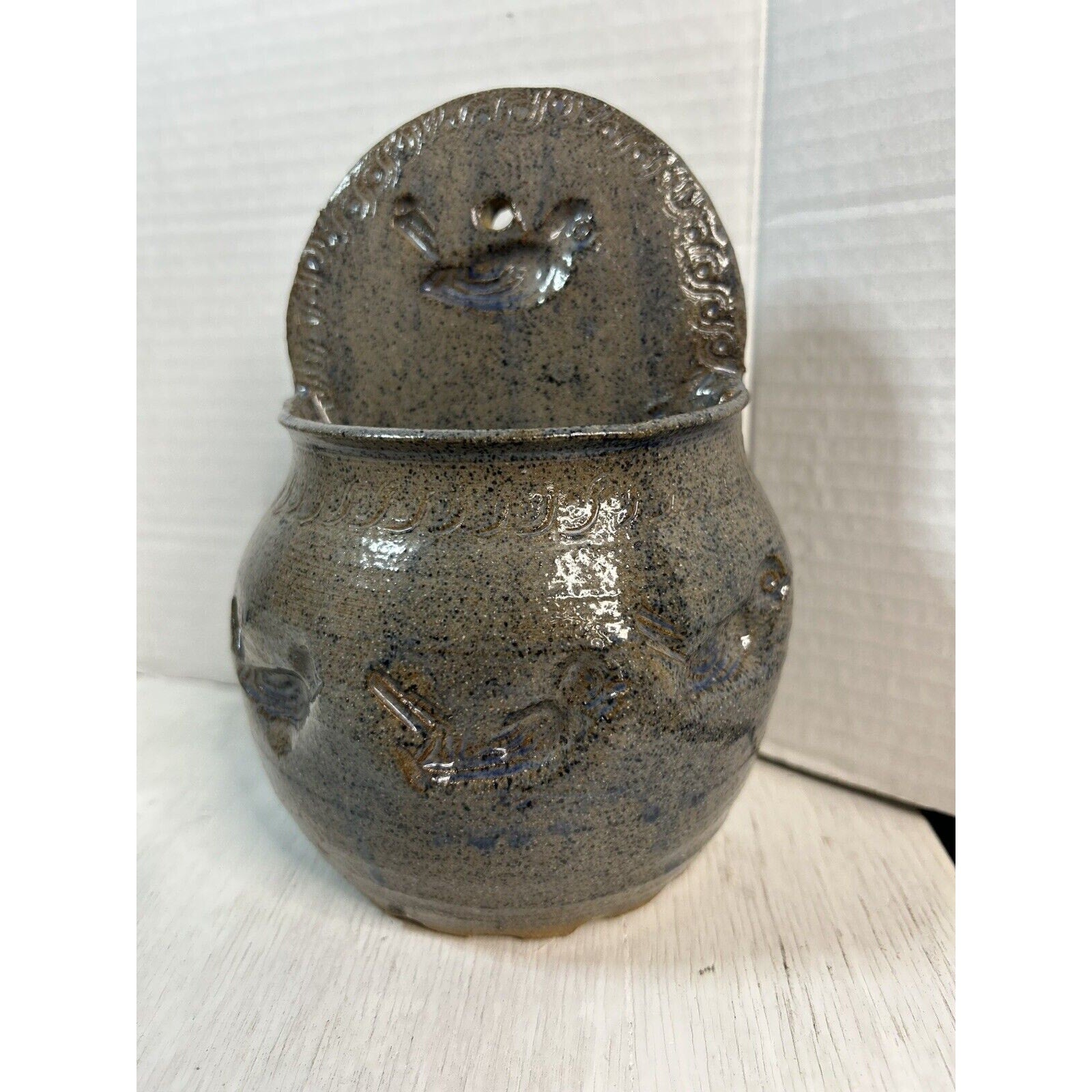PEA signed mid century folk art pottery wall planter full view