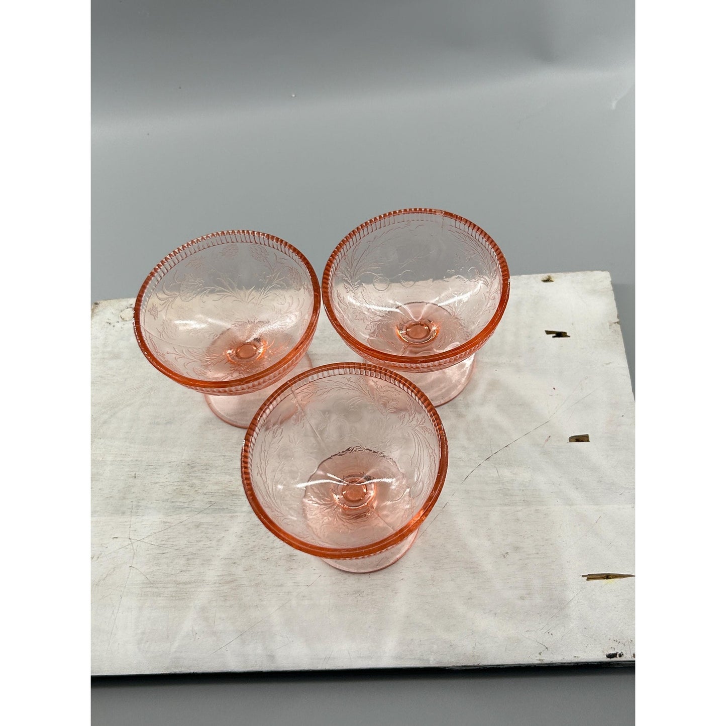 Pink Depression Glass Sherbet Dessert Cups • Vintage 1930s Footed Bowls • Set of 3 • Etched Floral Stemware • Cottage Farmhouse Tableware