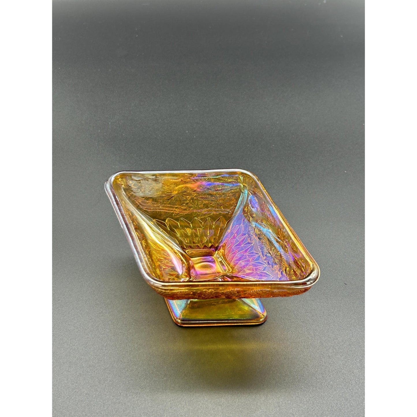 Vintage Indiana Glass Carnival Compote – Marigold Iridescent Square Pedestal Bowl, Floral Depression Glass Centerpiece