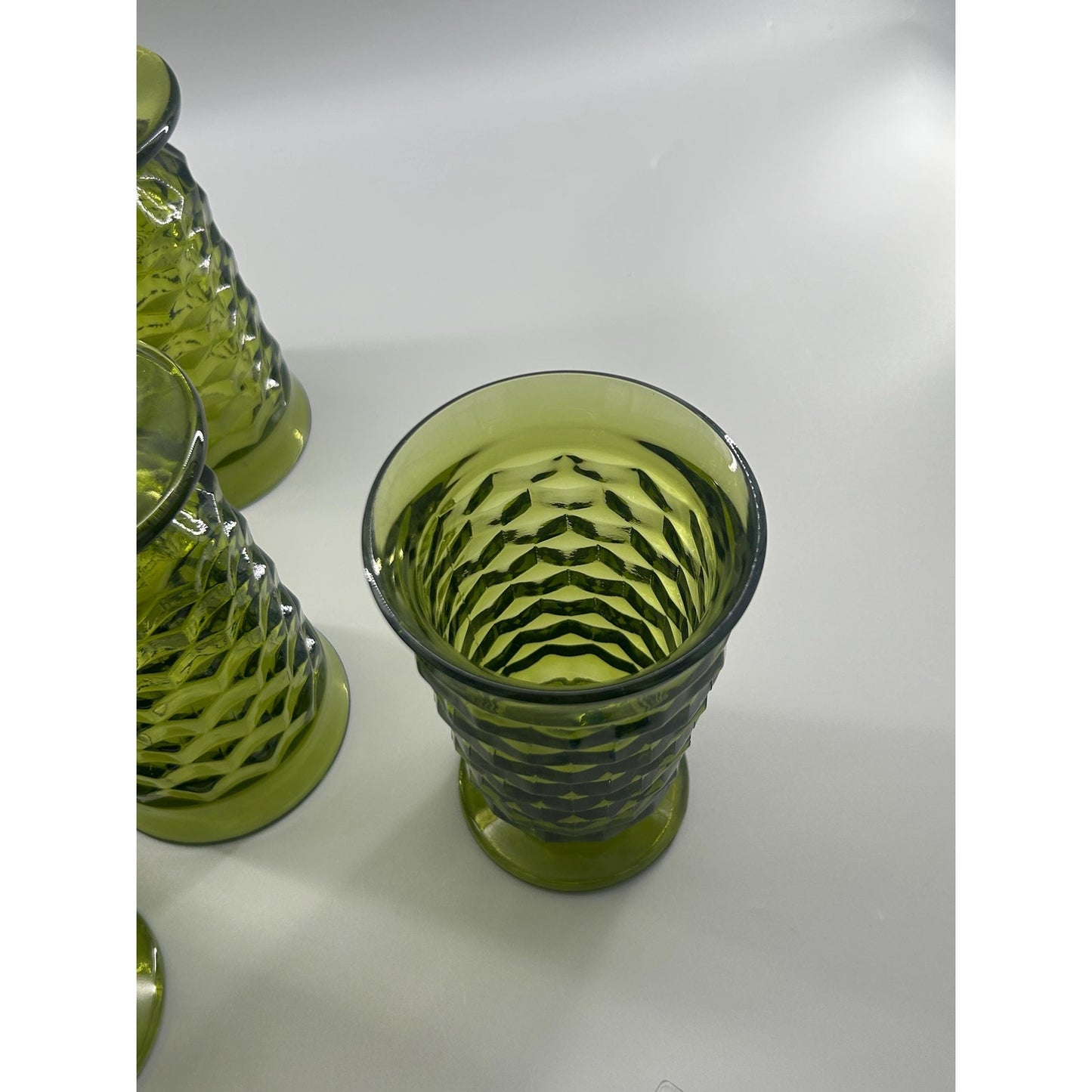 Vintage Indiana Glass Whitehall Cube Tumblers Set of 6 Avocado Green Footed Glasses Mid Century Barware Retro Drinkware