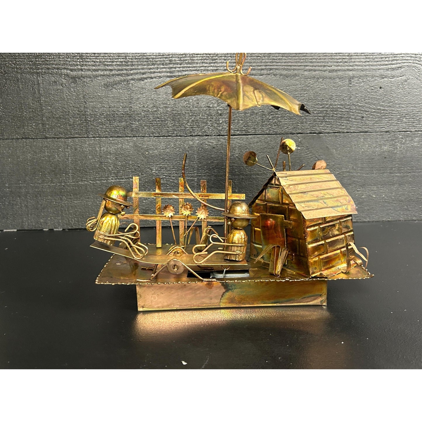 Vintage Berkeley Designs Brass Kinetic Music Box • Working TOYO Movement • Moving Figures Garden Scene • “It’s a Small World” Sculpture rare