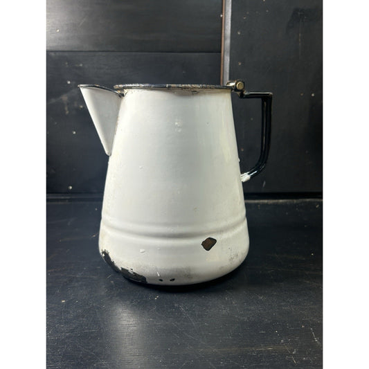Vintage White Enamel Coffee Pot Pitcher w Black Handle Primitive Farmhouse Decor