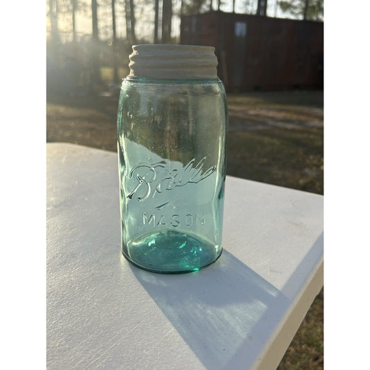 Ball Mason Jar Triple L 1900-1910 Blue Glass Quart Vintage Antique