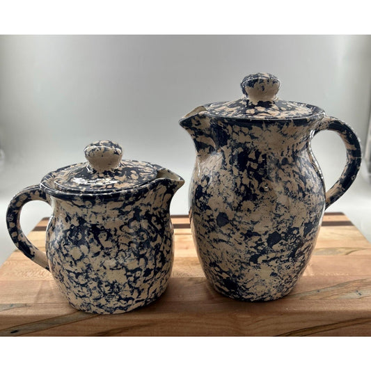 Blue Spongeware Stoneware Pitcher & Creamer Set with Lids Rustic Farmhouse Kitchen Decor Vintagehttps://www. etsy. com
