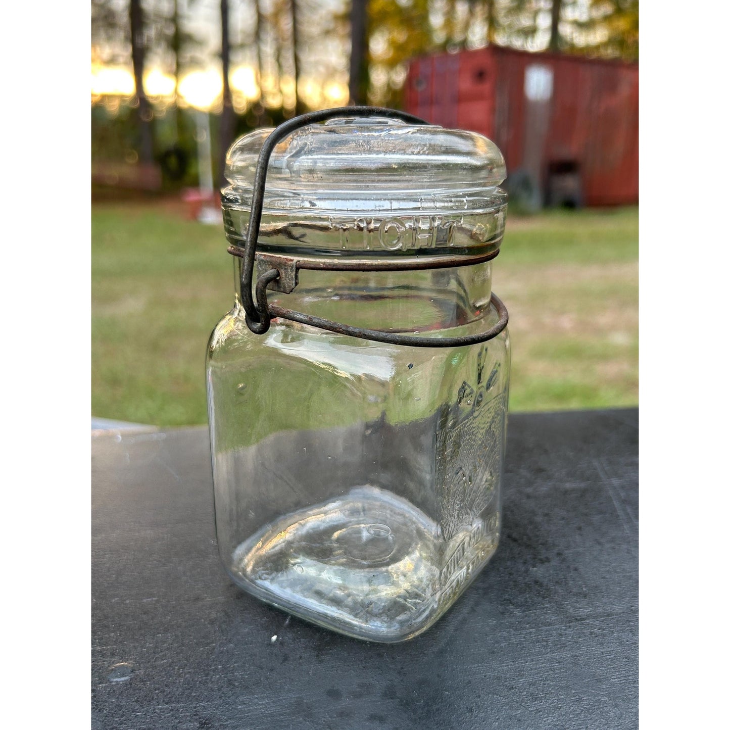 Vintage 1930s–1950s Queen Wide Mouth Square Glass Canning Jar with Wire Bail Lid – Dominion Glass Canada Antique Farmhouse Kitchen Storage