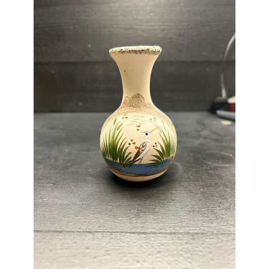 Vintage Spanish folk art bud vase hand painted heron scene textured lava glaze MORA style