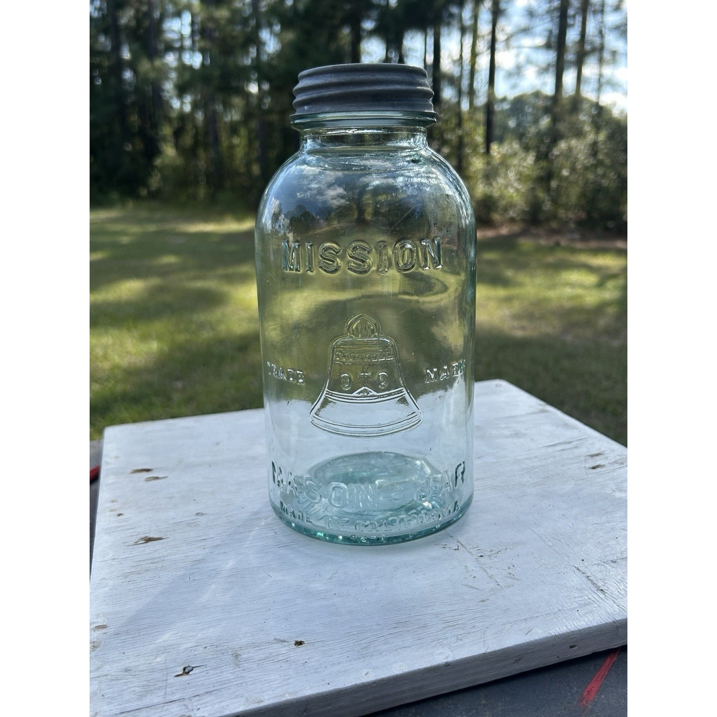 Rare Half Gallon Mission Bell Mason Jar Aqua WJ Latchford Los Angeles CA Antique