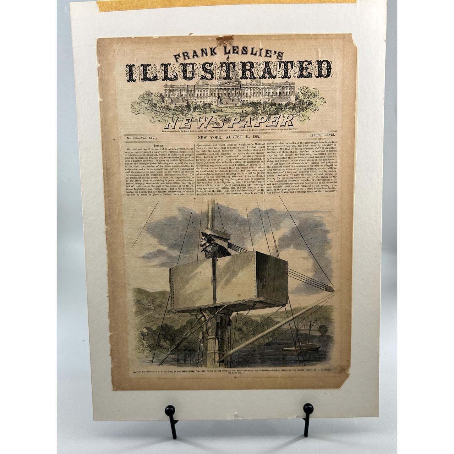 Antique Rare Civil War Newspaper 1862 Frank Leslie Illustrated Naval Masthead Lookout James River Union Warship Antique Print