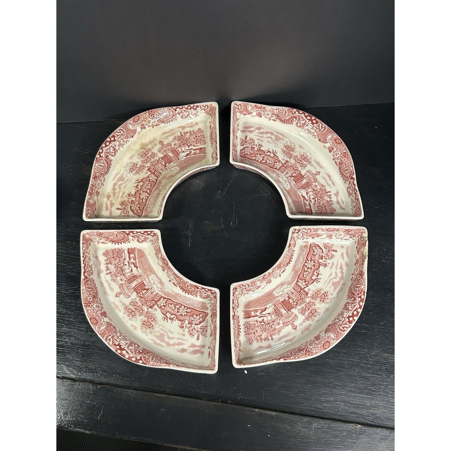 4 Antique Lazy Susan Side Dishes Red Landscape M.R. Midwinter England 1910