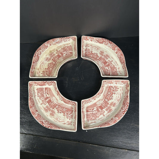 4 Antique Lazy Susan Side Dishes Red Landscape M.R. Midwinter England 1910