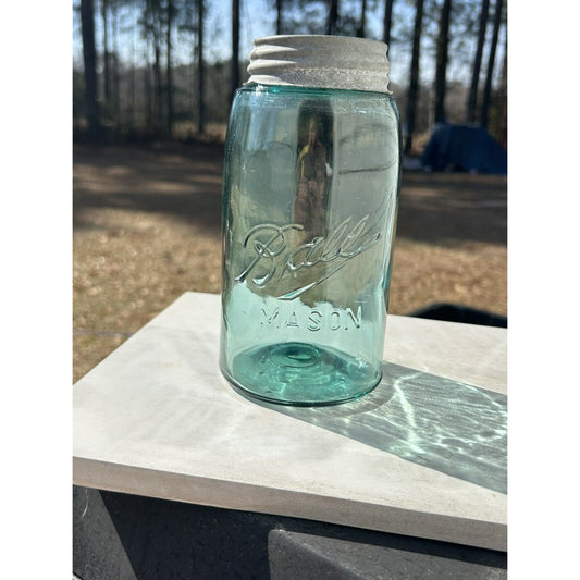 Antique 1900-1910 Ball Mason Triple L Jar Quart Aqua Blue Glass With Air Bubbles