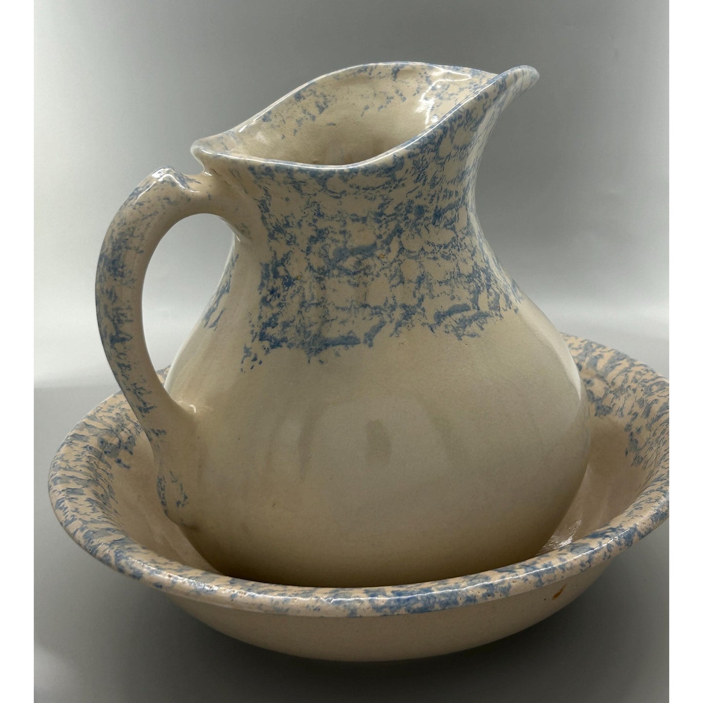 Robinson Ransbottom Blue Spongeware Pitcher and Bowl Set, RRP Pottery Stoneware Basin, Primitive Farmhouse Kitchen Decor, Rare