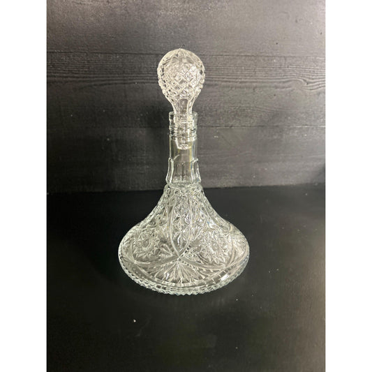 Vintage Cut Crystal Decanter with Stopper • Pressed Glass Starburst Pattern • Heavy Clear Barware • Mid-Century Liquor Whiskey Wine Bottle