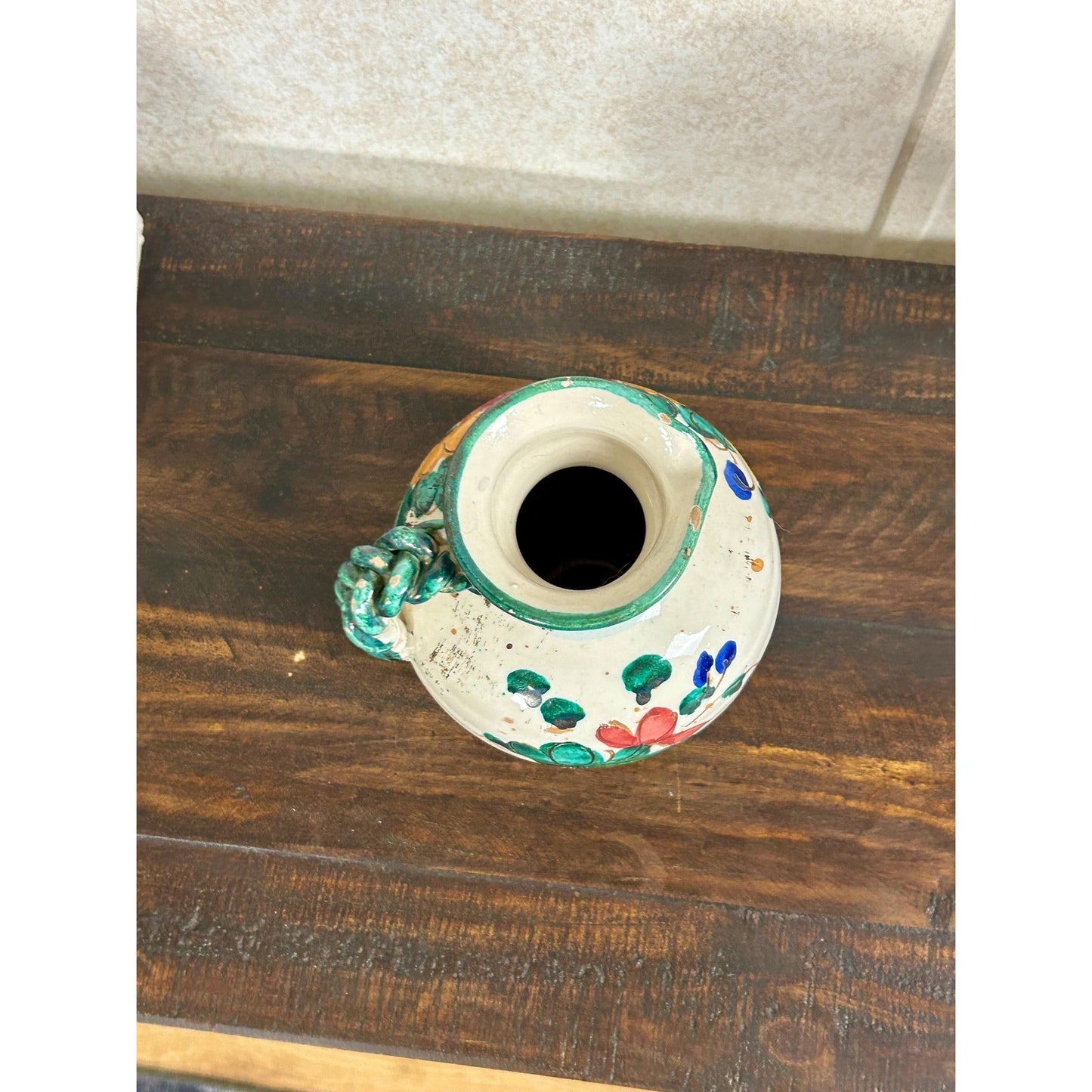 Vintage Hand Painted Spanish Majolica Talavera Style Faience Pitcher Twisted Handle Floral Jug