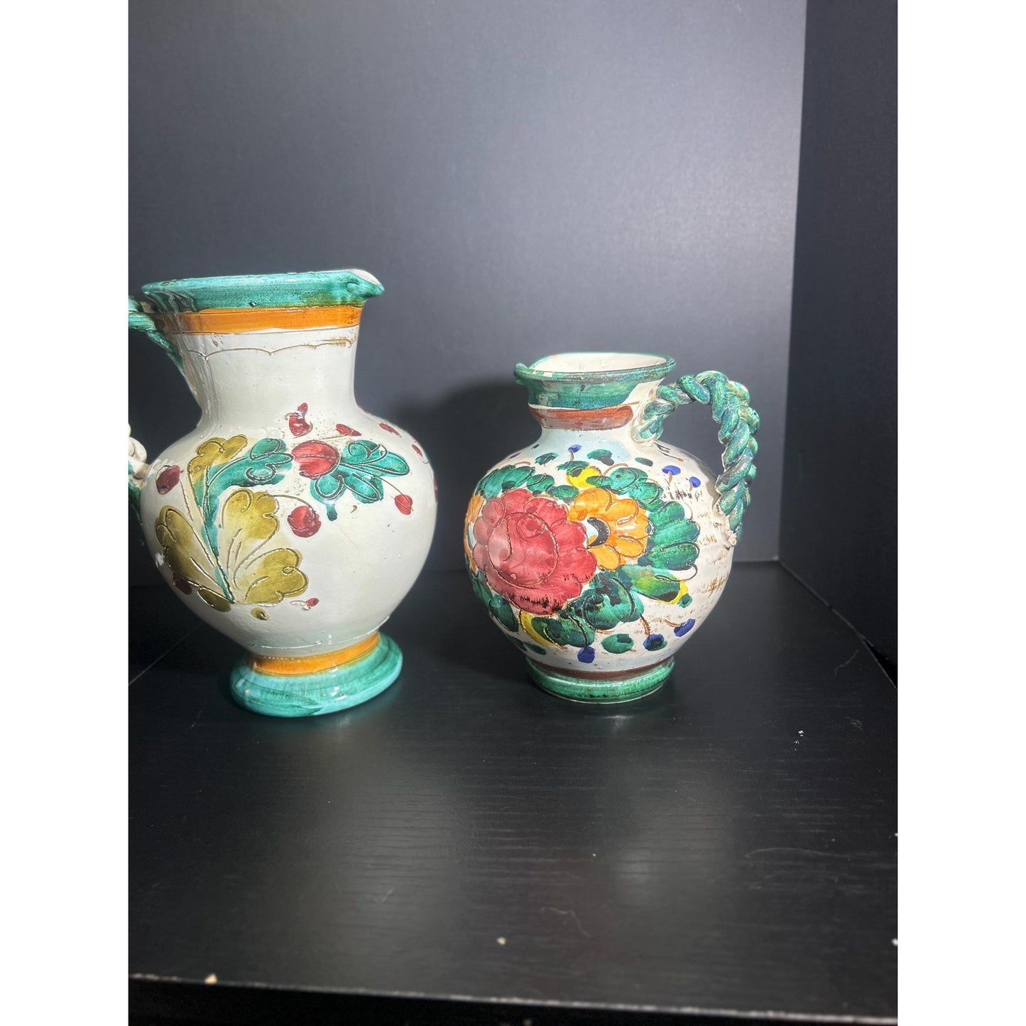Pair of Hand Painted Majolica Pitchers | Braided Handle Floral Pottery Set | Spanish Rustic Ceramic Jugs | Tuscan Mediterranean Home Decor